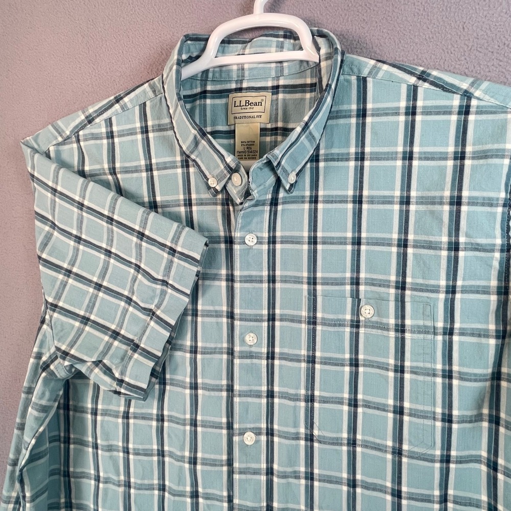 LL Bean Shirt Mens L Blue Plaid Traditional Fit Short Sleeve Button Down 514024